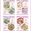 A set of 21 miniature cottage 3D stickers for journaling and crafts featuring various scenes like a market, a farm, and a hou