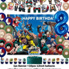 Hero-themed birthday party decoration set featuring a backdrop, balloons, and cake toppers.