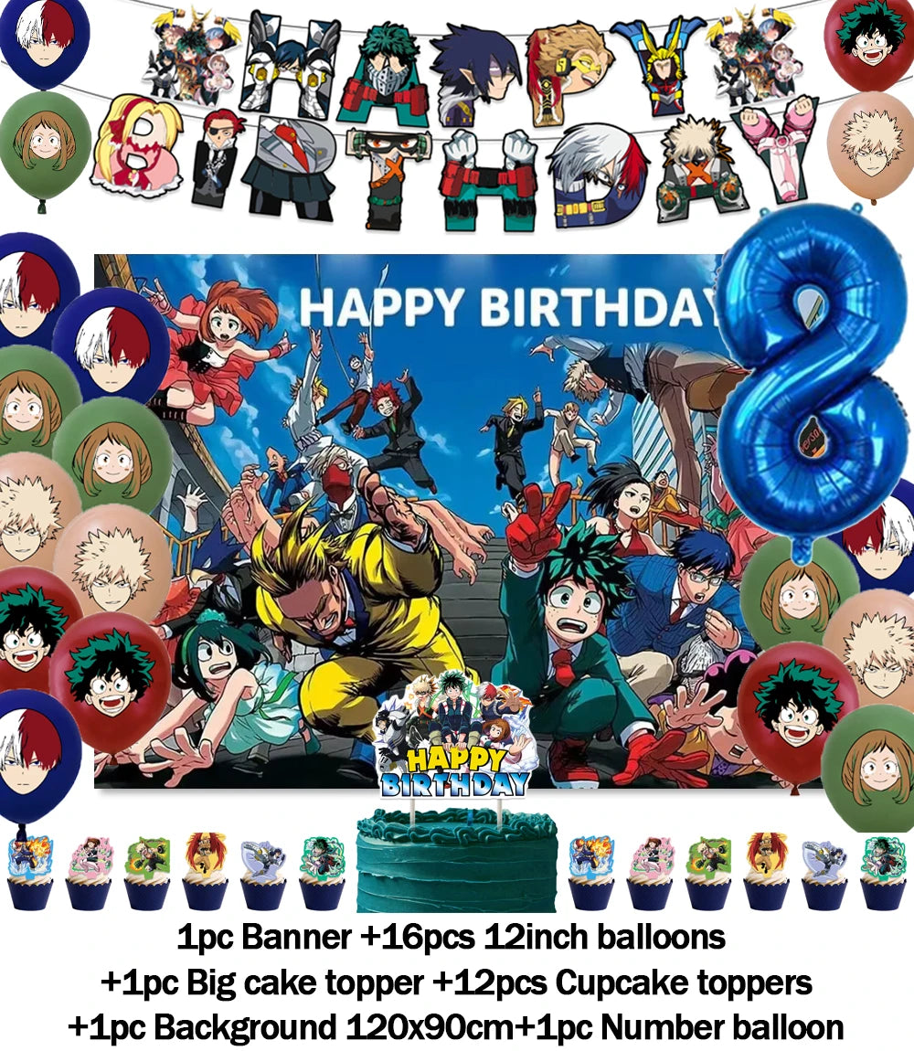 Hero-themed birthday party decoration set featuring a backdrop, balloons, and cake toppers.