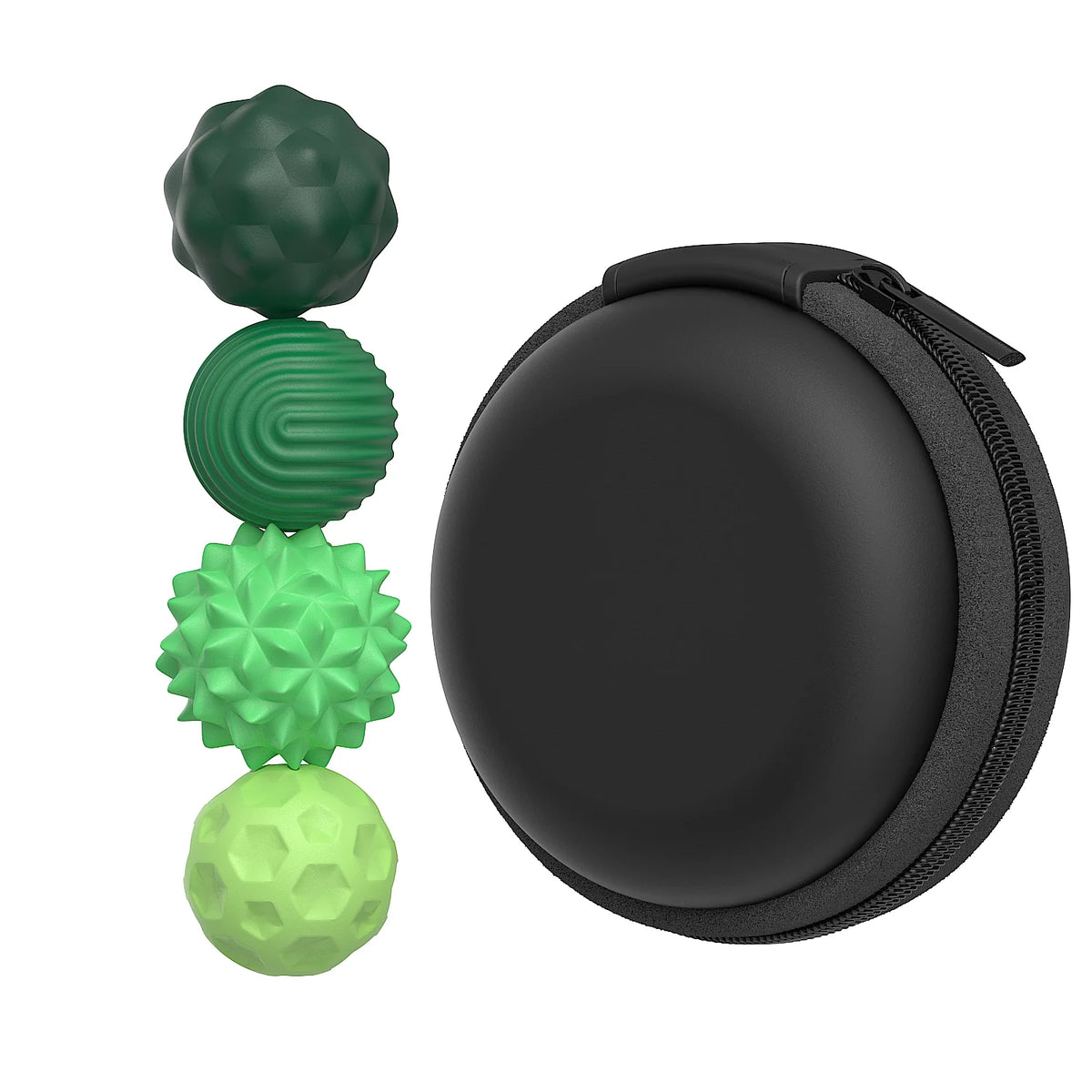 A set of five magnetic silicone sensory stress balls in various shades of green and lime.