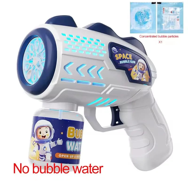 Weißer Bubblegummi-Pistole mit blauem Zylinder und gelbem Astronautenfigur, die konzentrierte Blasenpartikel zeigt.