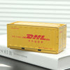 A yellow DHL shipping box is placed on a white book.