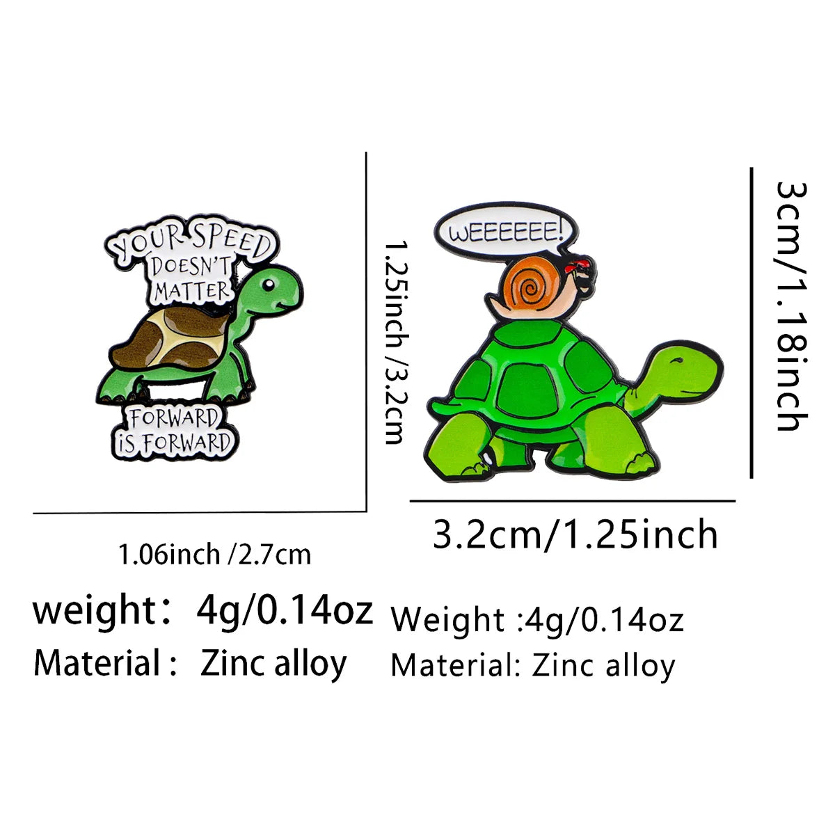 A set of enamel pins featuring a green turtle design with text and a surprised expression.