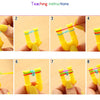 Eight steps demonstrating how to make a glow-in-the-dark loom band bracelet using yellow and green plastic components.