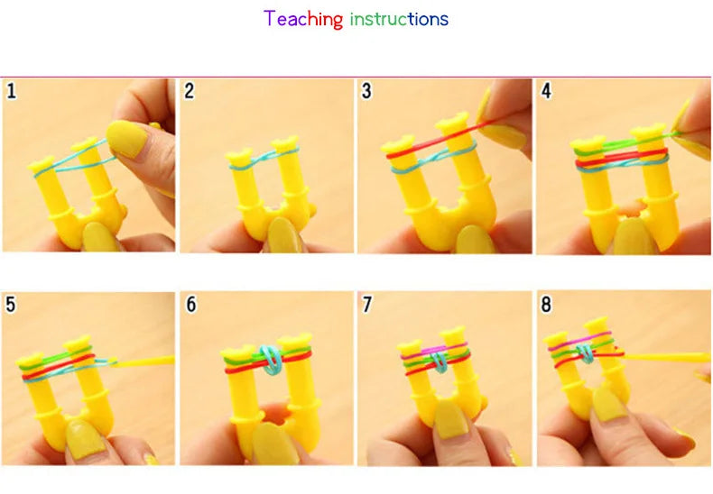 Eight steps demonstrating how to make a glow-in-the-dark loom band bracelet using yellow and green plastic components.
