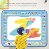 A child is drawing colorful patterns on a large water canvas mat using clear water and pens.