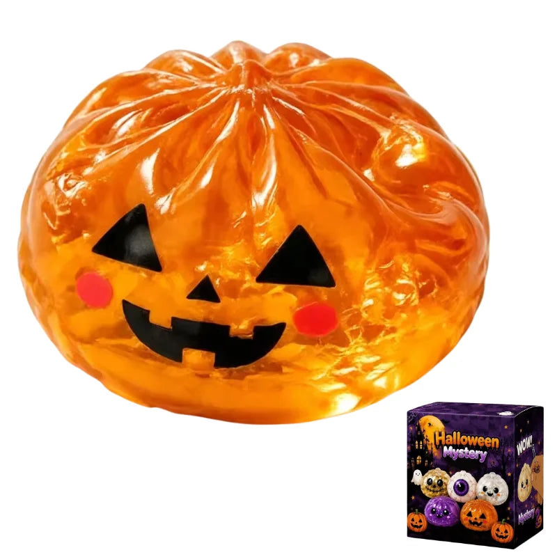 An orange Halloween squishy stress ball toy with a carved jack-o'-lantern face.