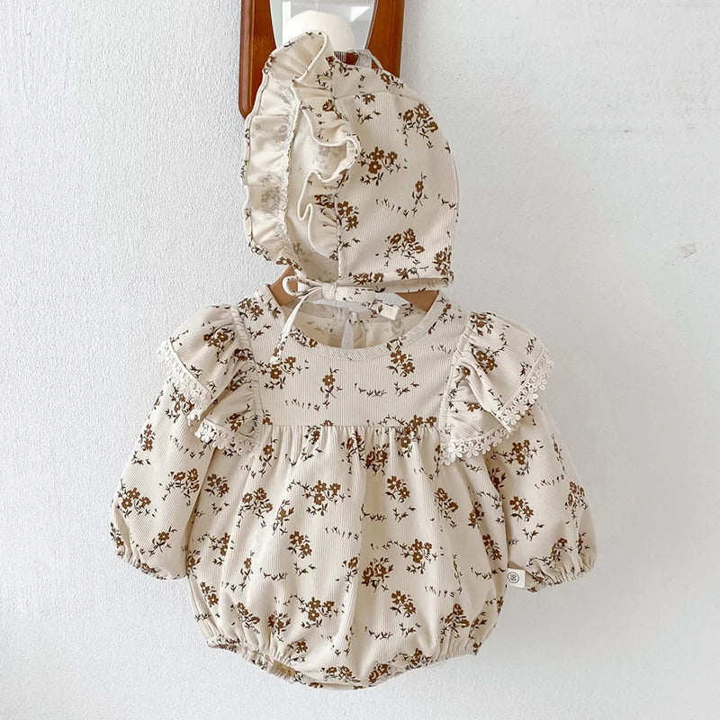 Baby Girls Lace-Trim Cotton Romper with Floral Details