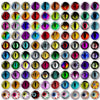 Assorted craft doll eyes with various glitter finishes and colors arranged in a grid.