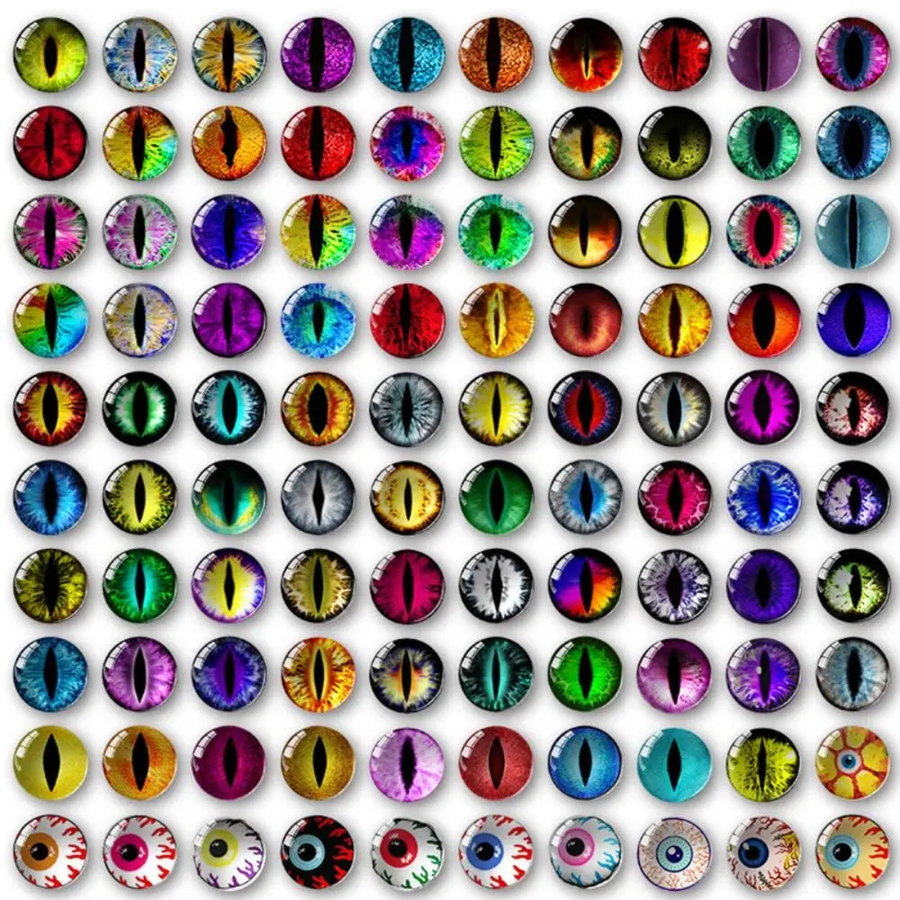 Assorted craft doll eyes with various glitter finishes and colors arranged in a grid.