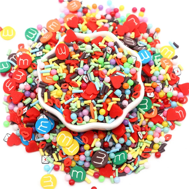 A pile of colorful polymer clay sprinkles mix in various shapes and colors, including red, green, yellow, and brown.