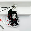 A clear acrylic pendant featuring an anime-style character with black hair tied in a high ponytail and wearing dark clothing,