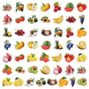 A collection of various fruits and vegetables, including berries, citrus, melons, and tropical fruits, arranged in a grid.