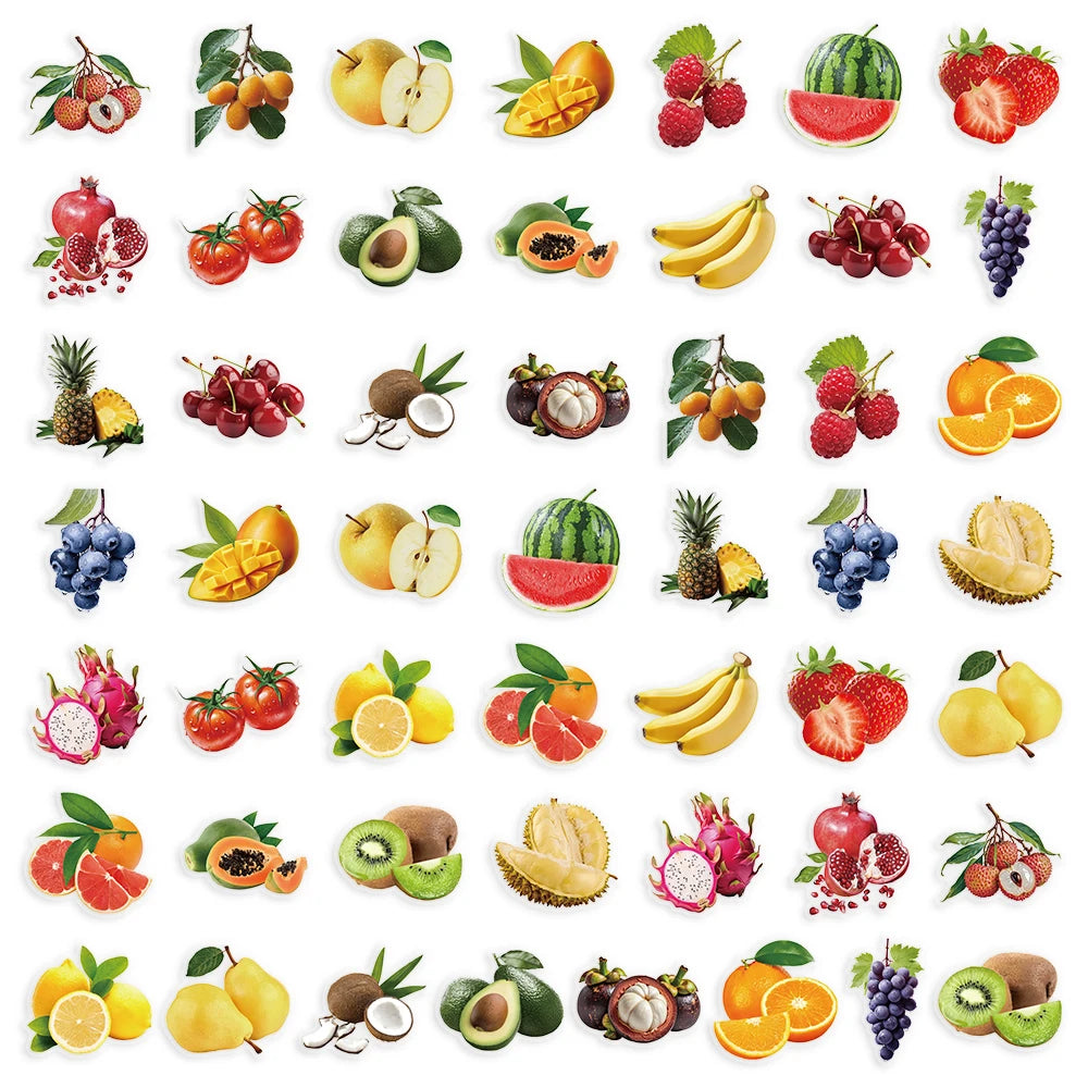 A collection of various fruits and vegetables, including berries, citrus, melons, and tropical fruits, arranged in a grid.