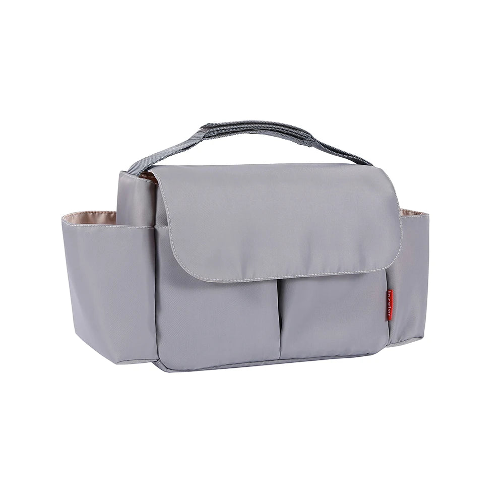 A gray fabric bottle and cup holder designed for strollers.
