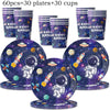 A set of 60 pieces including 30 plates and 30 cups featuring outer space astronaut designs for a party.