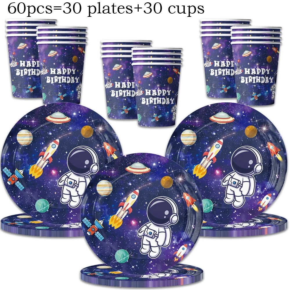 A set of 60 pieces including 30 plates and 30 cups featuring outer space astronaut designs for a party.