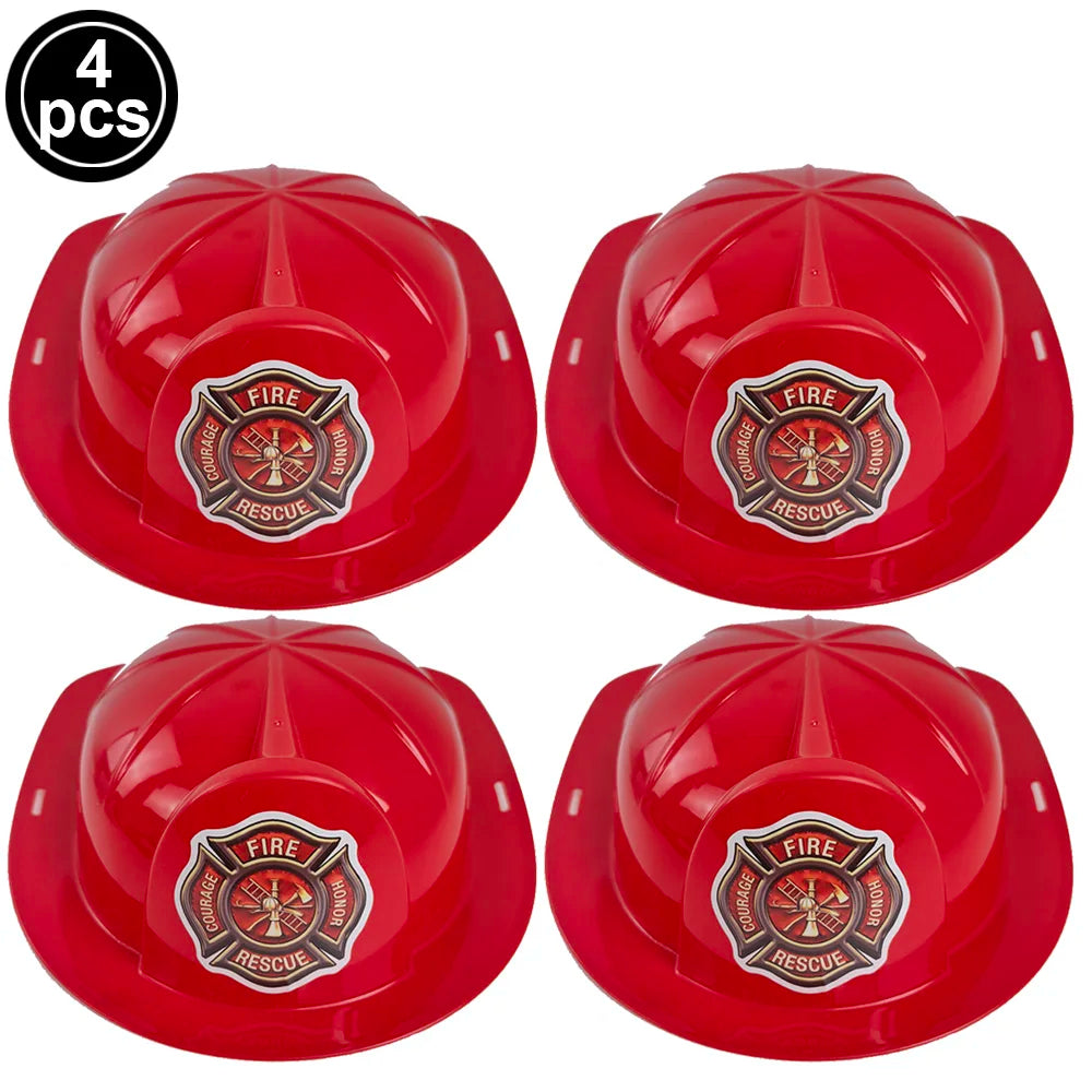 Four red firefighter helmets for kids displayed in a grid format.