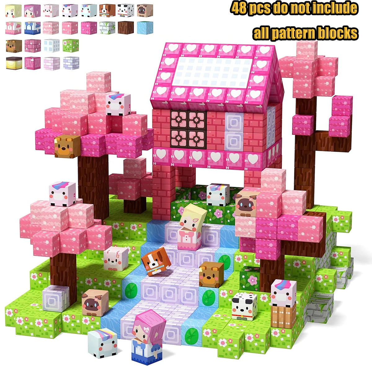 A set of pink and purple magnetic building blocks featuring a house structure and various colored pieces.