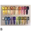 A palette of 20 watercolor paints in various shades of gold, pink, purple, and green arranged in a row.