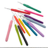 A set of ergonomic crochet hooks, stitch markers, and needles in various colors like pink, red, green, purple, and yellow.