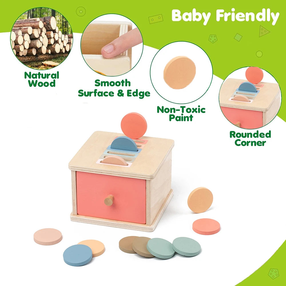 A wooden Montessori color sorting and shape sorter toy with various colored discs and a rounded corner.