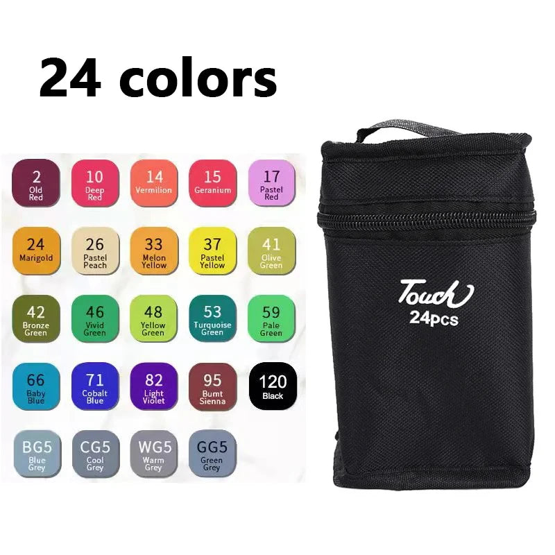 Schwarze Tasche mit 24 Farben doppelspitziger Ölmarker zum Skizzieren und Zeichnen.