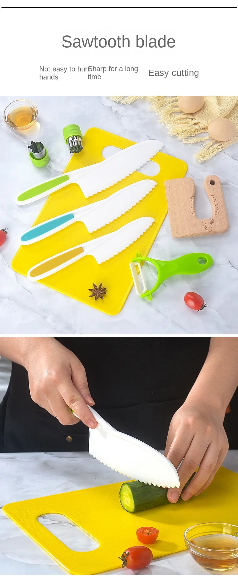 A set of white plastic play knives and a yellow cutting board are shown with fresh produce.