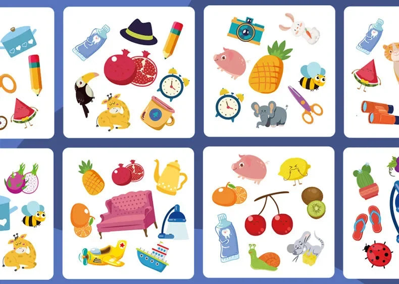 A collection of colorful animal memory match cards featuring various animals like a pig, a bird, and a yellow duck.