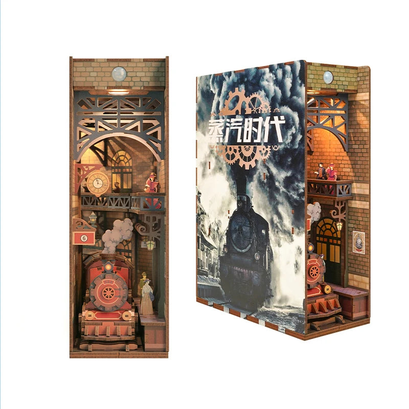 A DIY book nook kit featuring a detailed historical scene with LED lighting and a dust cover.