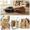 A collection of crochet dumpling bags and their hardware kits, featuring natural beige and brown tones.