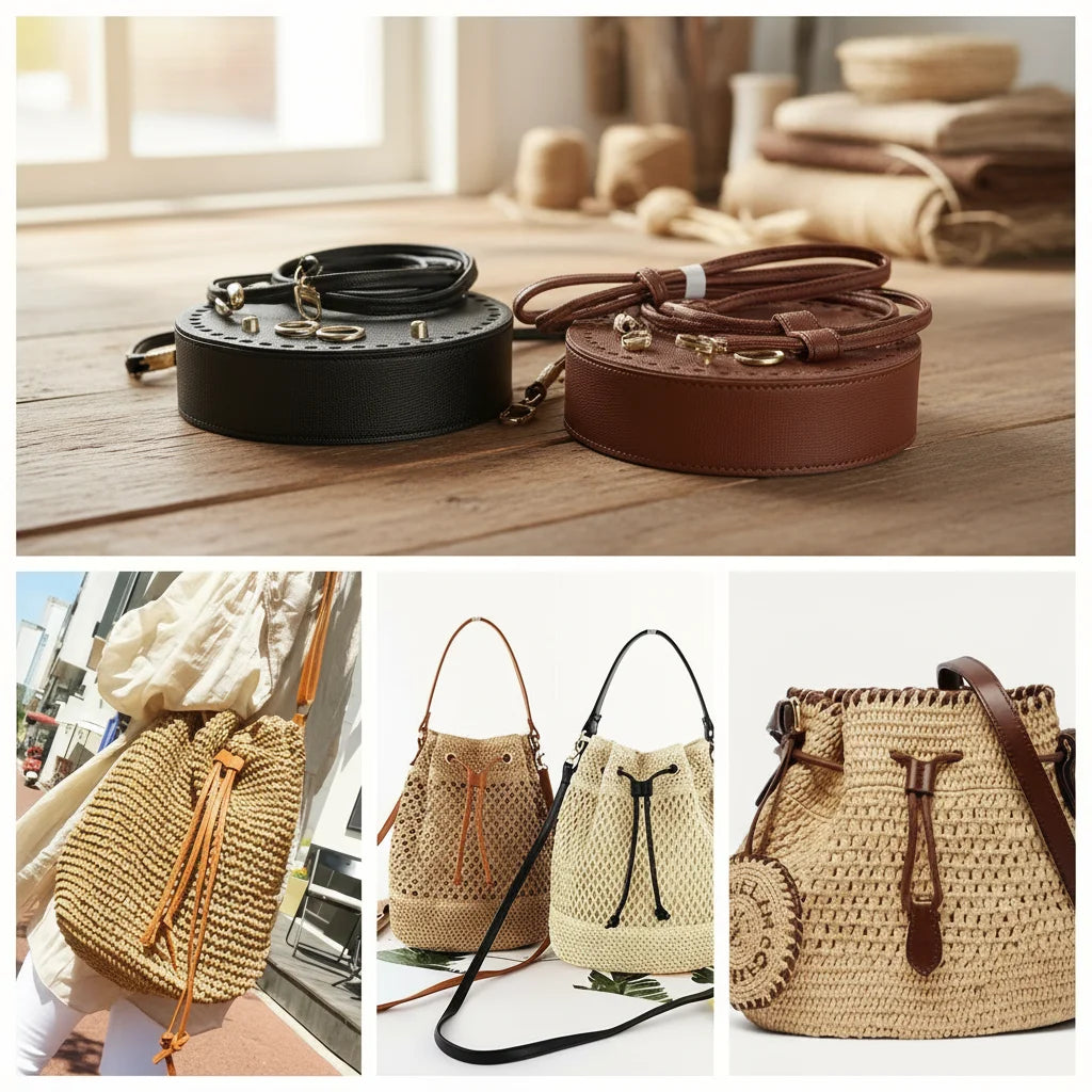A collection of crochet dumpling bags and their hardware kits, featuring natural beige and brown tones.