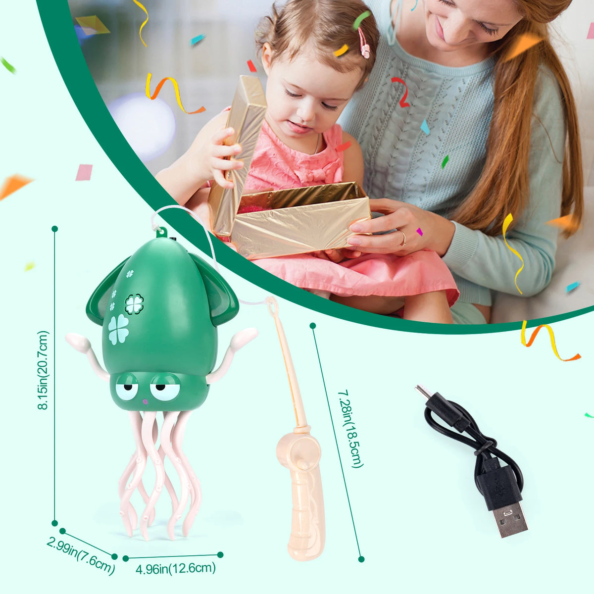 Un petit jouet de calmar interactif vert avec des tentacules roses et une baguette rose, à côté d'un enfant.