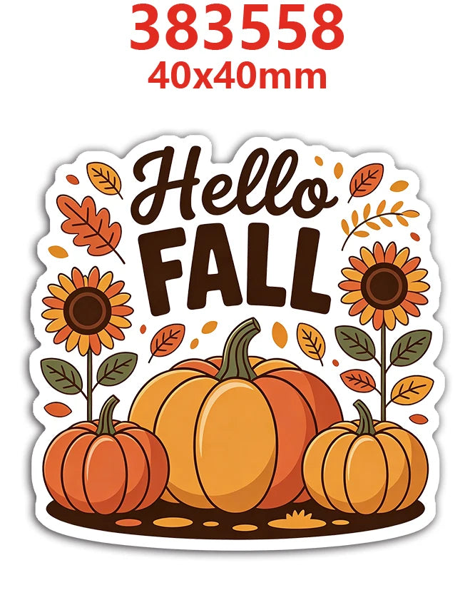 A sticker featuring the text Hello Fall and an illustration of autumn pumpkins.