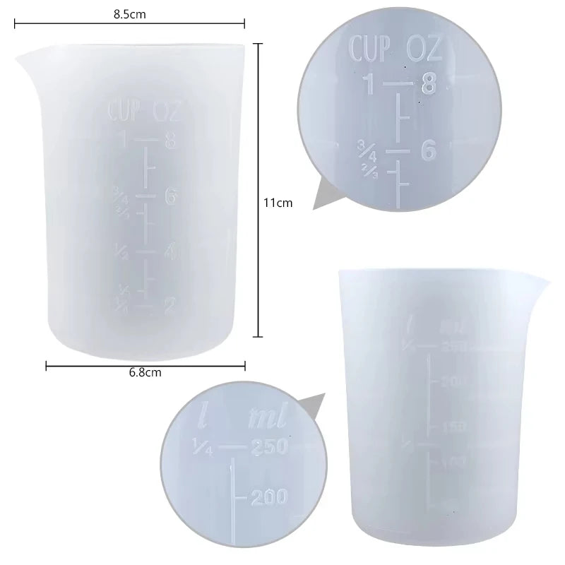 A set of clear silicone resin mixing tools including measuring cups and stir sticks with marked volume measurements.