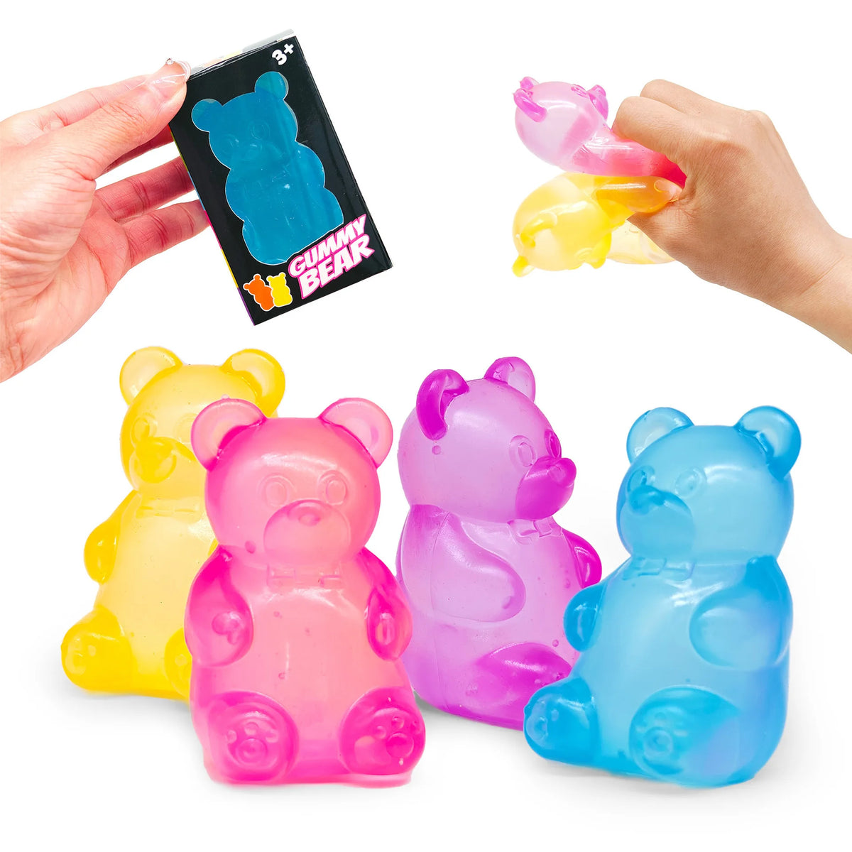 A hand holds a pack of gummy bear squeeze toys and several colorful plastic bear fidget toys.