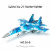 A model kit of a Sukhoi Su-27 Flanker fighter jet in blue and gray camouflage.