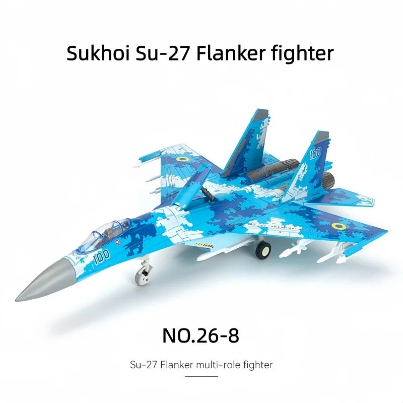 A model kit of a Sukhoi Su-27 Flanker fighter jet in blue and gray camouflage.