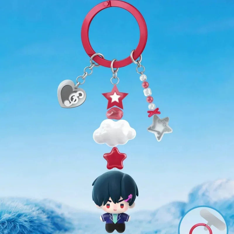 A mystery blind box figure of a character with dark hair and purple accents hangs from a red hoop with various charms.