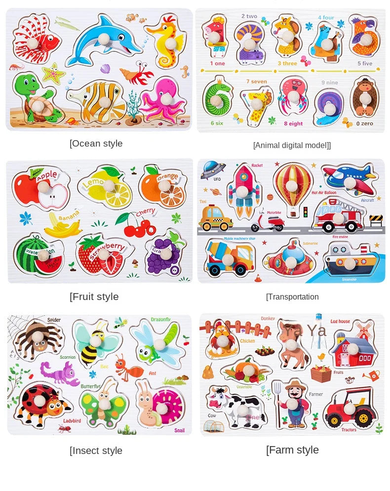 A collection of wooden animal and shape jigsaw puzzles for toddlers featuring various animals like dolphins, bears, and fruit