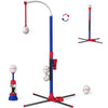 A red and black 3-in-1 kids baseball toy set with an adjustable stand and auto launcher.