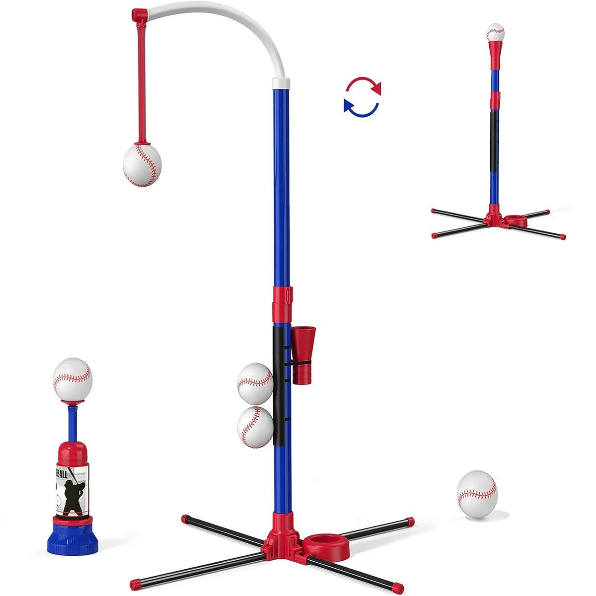 A red and black 3-in-1 kids baseball toy set with an adjustable stand and auto launcher.