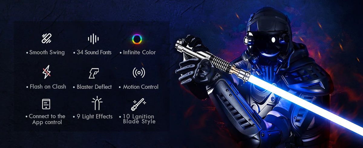 Une personne en costume sombre brandit un sabre laser bleu lumineux avec un casque et une armure futuristes contre un fond so