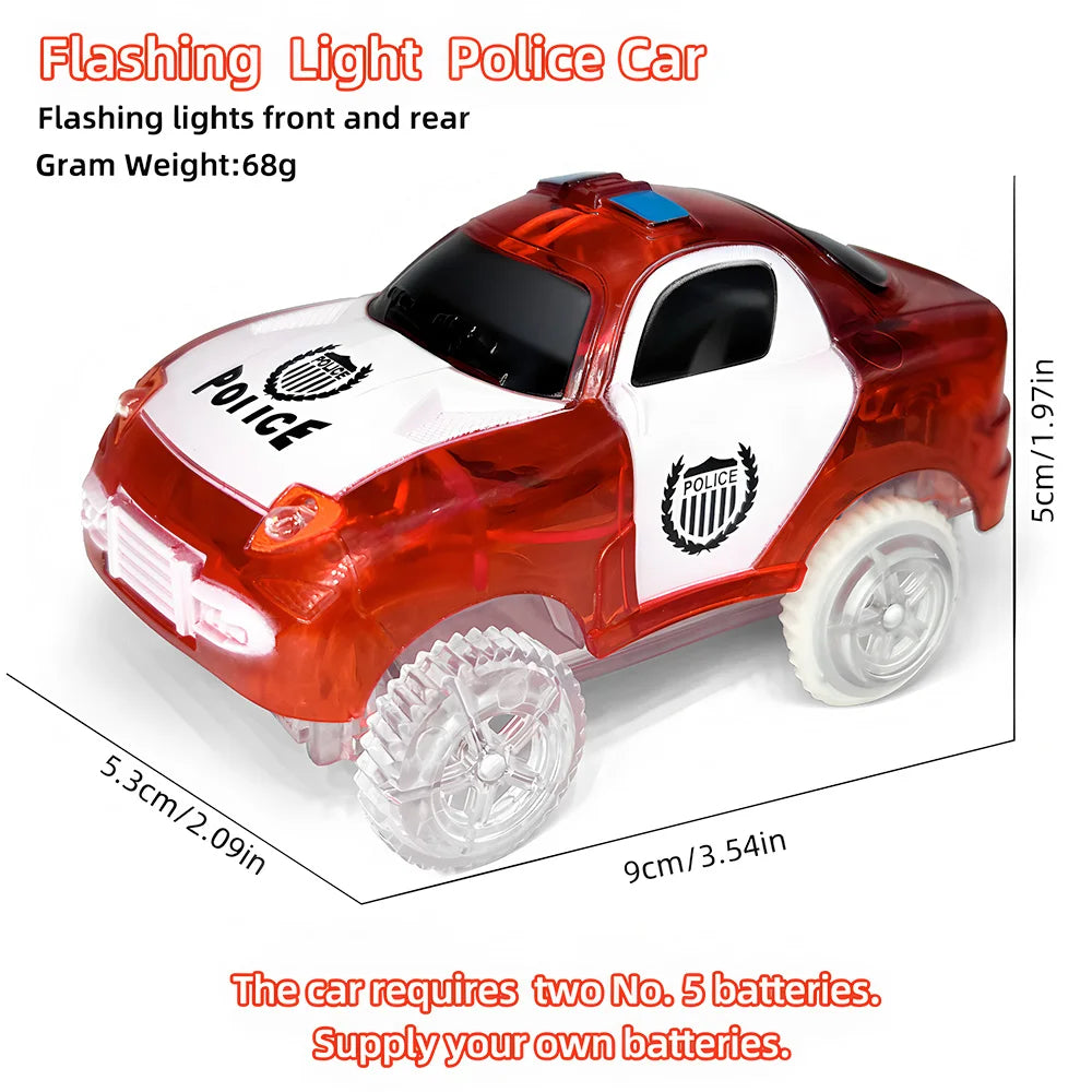 A red flashing light police car toy with transparent plastic body and wheels.