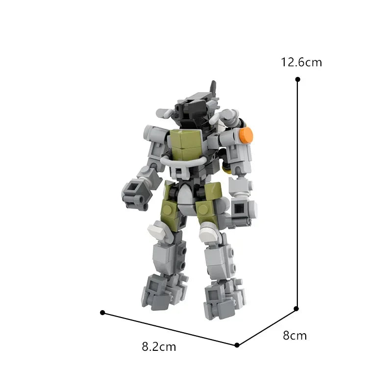 A gray and olive green exoskeleton combat robot building blocks set shown from the side.