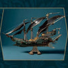A detailed 3D wooden puzzle model kit of a steampunk pirate ship with multiple sails and rigging.