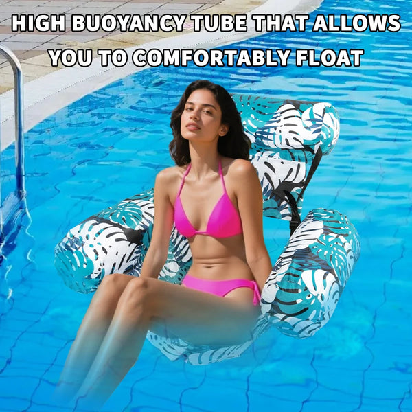 A woman relaxing in a blue swimming pool floating on a high buoyancy tube with zebra-print inflatable cushions.