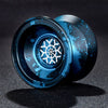 A close-up view of a blue aluminum alloy yo-yo with a textured surface and a central bearing mechanism.