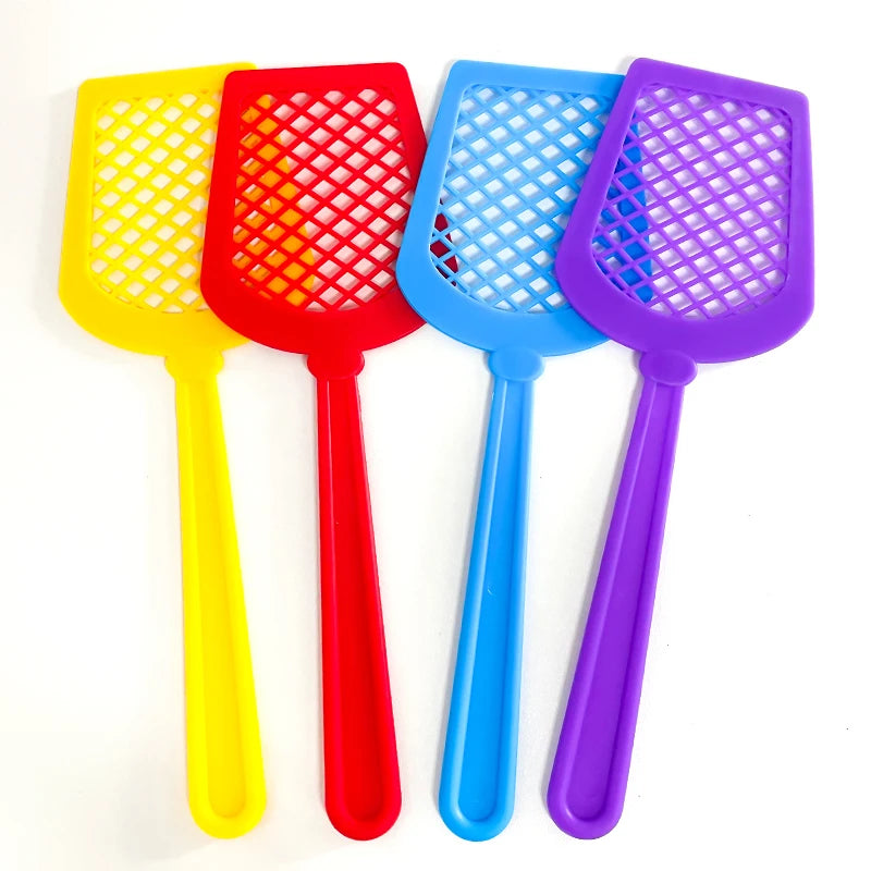 A set of four colorful plastic fly swatters in yellow, red, blue, and purple for a kids' learning toy.
