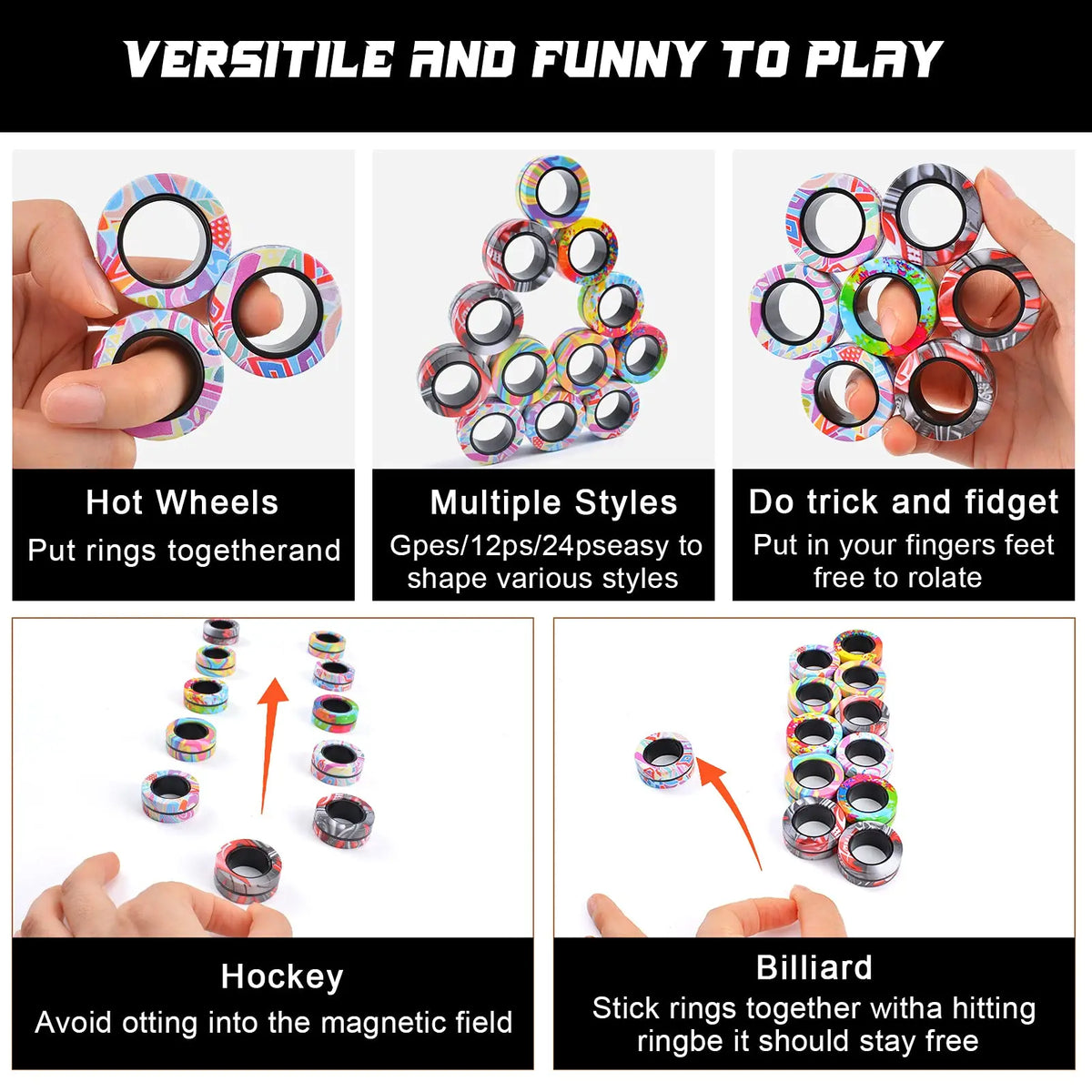 A set of magnetic fidget spinning rings for stress relief toys shown in various styles and contexts.